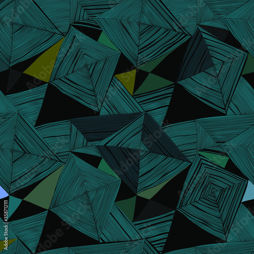 Beautiful abstract pattern with graphic elements and shapes. Seamless vector pattern on a dark background from thin lines and geometric shapes.