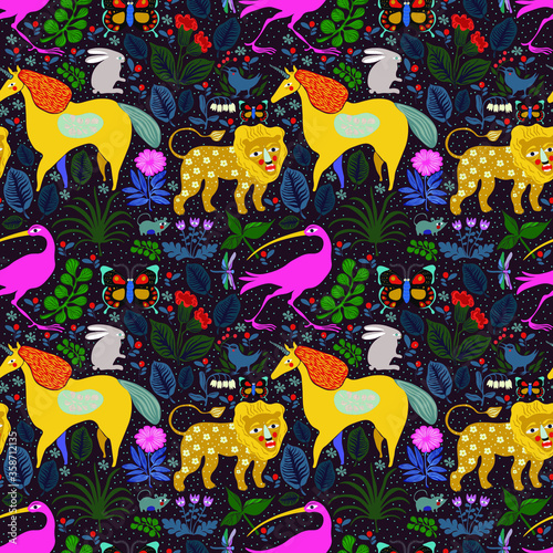 magical animals in a beautiful forest. Seamless vector pattern with unicorns, lions, ibis bird, butterflies, mice, fairy plants, birds and insects. Ornament for children, for wallpaper, textiles 