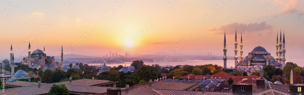 The Blue Mosque and the Hagia Sophia in Istanbul panorama, Turkey