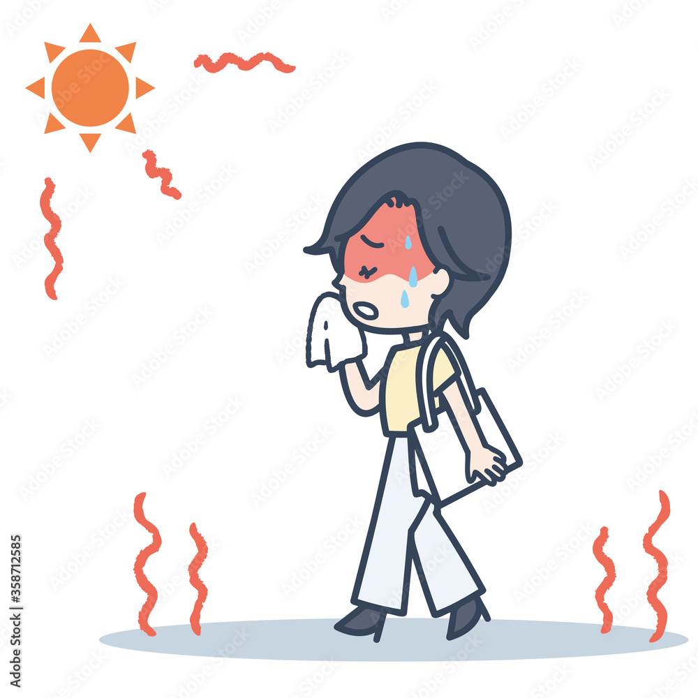 通勤時 強い日差しに悩む女性のイラスト 通勤時 強い日差しに悩む女性のイラスト