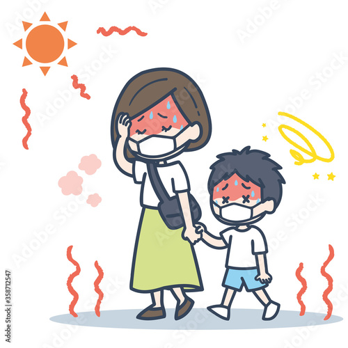 炎天下でマスクを付けた親子のイラスト