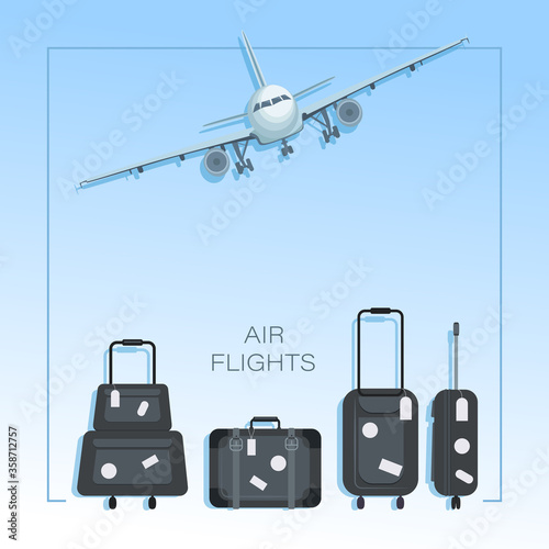 Fototapeta Naklejka Na Ścianę i Meble -  Air travel. Airplane, luggage. Poster, background with place for text. Flat style concept