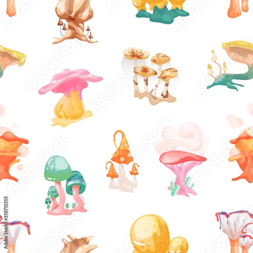 Colorful fantasy mushrooms seamless pattern. Bright fairytale fungus with legs and caps on white background. Hallucinogenic botanical ingredients vector illustration. Unusual psychedelic plant photo