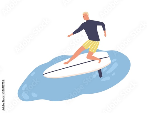 Active male enjoying surfing vector flat illustration. Smiling surfer in swimwear standing on surfboard at sea or ocean isolated on white. Cute guy ride on wave during season extreme sports activity