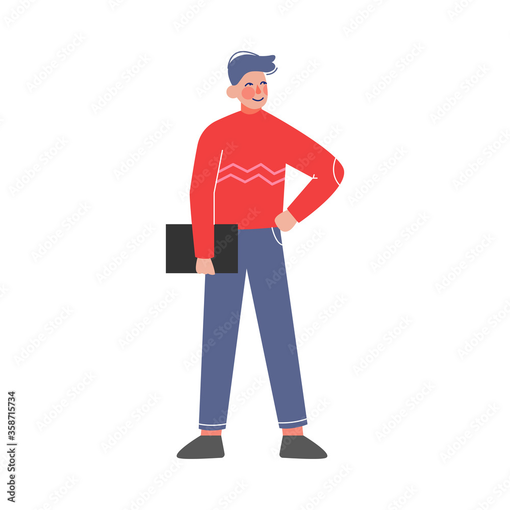 Male Business Character Standing with Folder, Office Worker Employee Vector Illustration