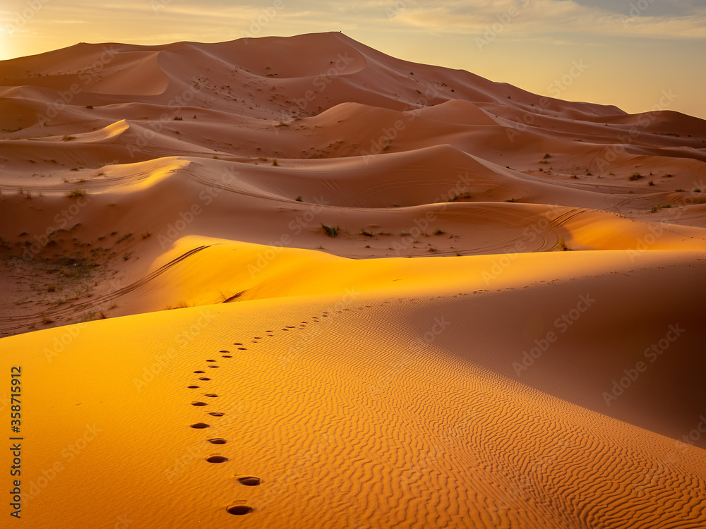 Footsteps in the sand at sunrise in Sahara desert, Morocco - obrazy, fototapety, plakaty 
