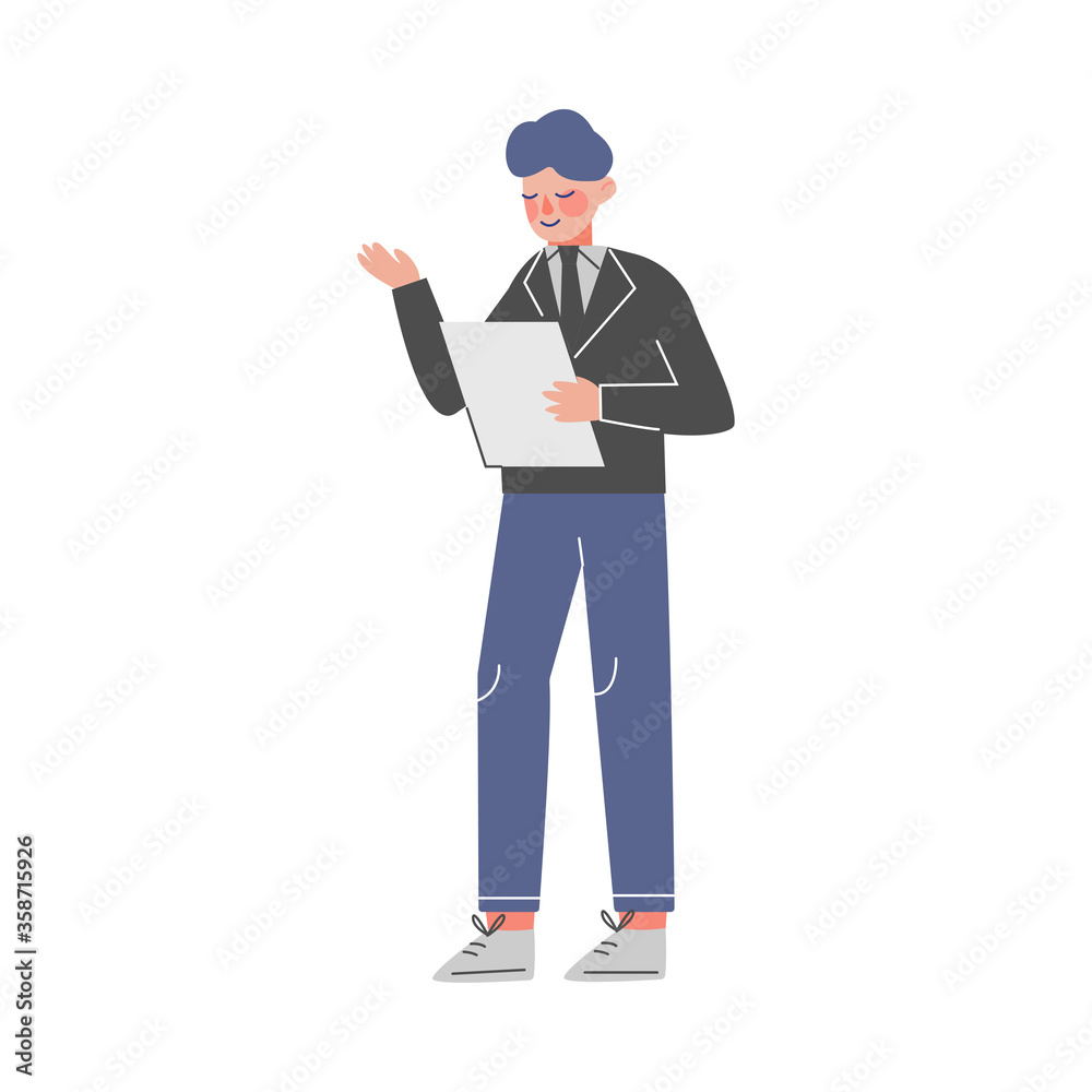 Male Business Character Standing and Reading Paper Document, Office Worker Employee Vector Illustration Male Business Character Standing and Reading Paper Document, Office Worker Employee Vector Illustration