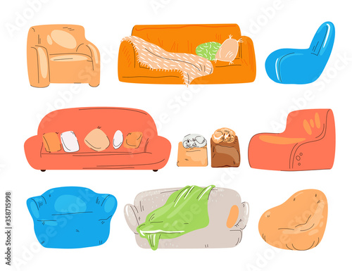 Vector flat set of cozy couch, divan, sofa, chairs, padded stool and armchairs with cat, pillows and blanket. Cozy home and lounge zone for office, Colored collection isolated on white.