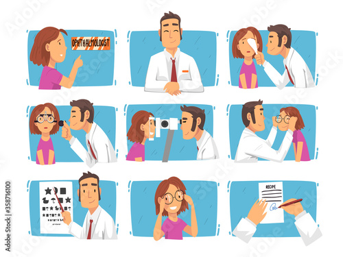 Ophthalmology Diagnostics, Male Ophthalmologist Doctor Examining Patient Eyesight with Professional Equipment, Vision Correction Cartoon Vector Illustration