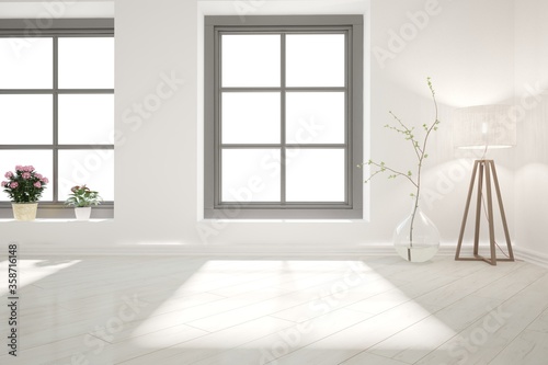 modern empty room with plant and lamp in corner interior design. 3D illustration