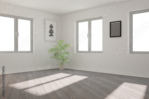 modern empty room with frames and plants interior design. 3D illustration
