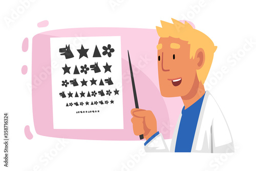 Ophthalmologist Doctor Doing Eyesight Test, Ophthalmology Diagnostics, Medical Treatment and Healthcare Cartoon Vector Illustration