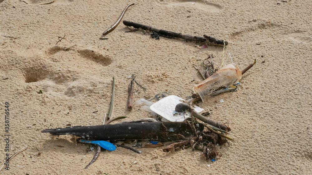 Fototapeta Environmental pollution. Ecological problem. Garbages, plastic, and wastes on the sandy beach of tropical sea.
