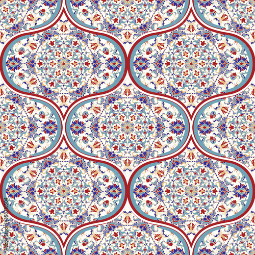Seamless colorful patchwork in turkish style. Vintage decorative elements. Hand drawn background. Islam, Arabic, Indian, ottoman motifs. Perfect for printing on fabric or paper. Vector illustration