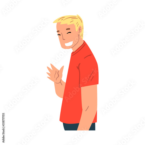Smiling Young Man Waving His Hand, Modern Communication Concept, Man Chatting Online via the Internet Using Video Call or Talking Face to Face Vector Illustration © topvectors
