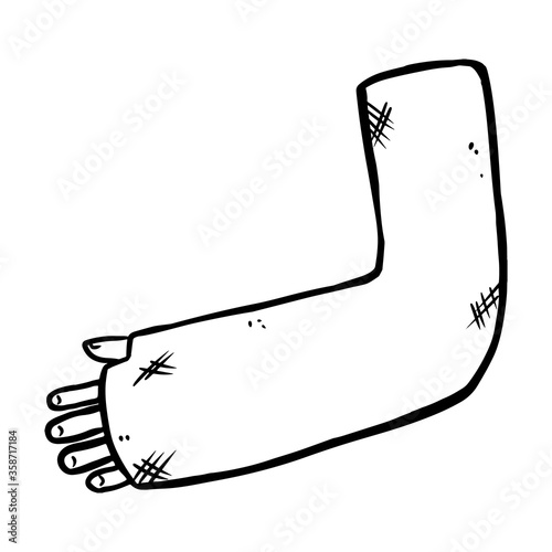 Broken arm cast doodle. Injured limb in gypsum plaster. Media glyph graphic symbol