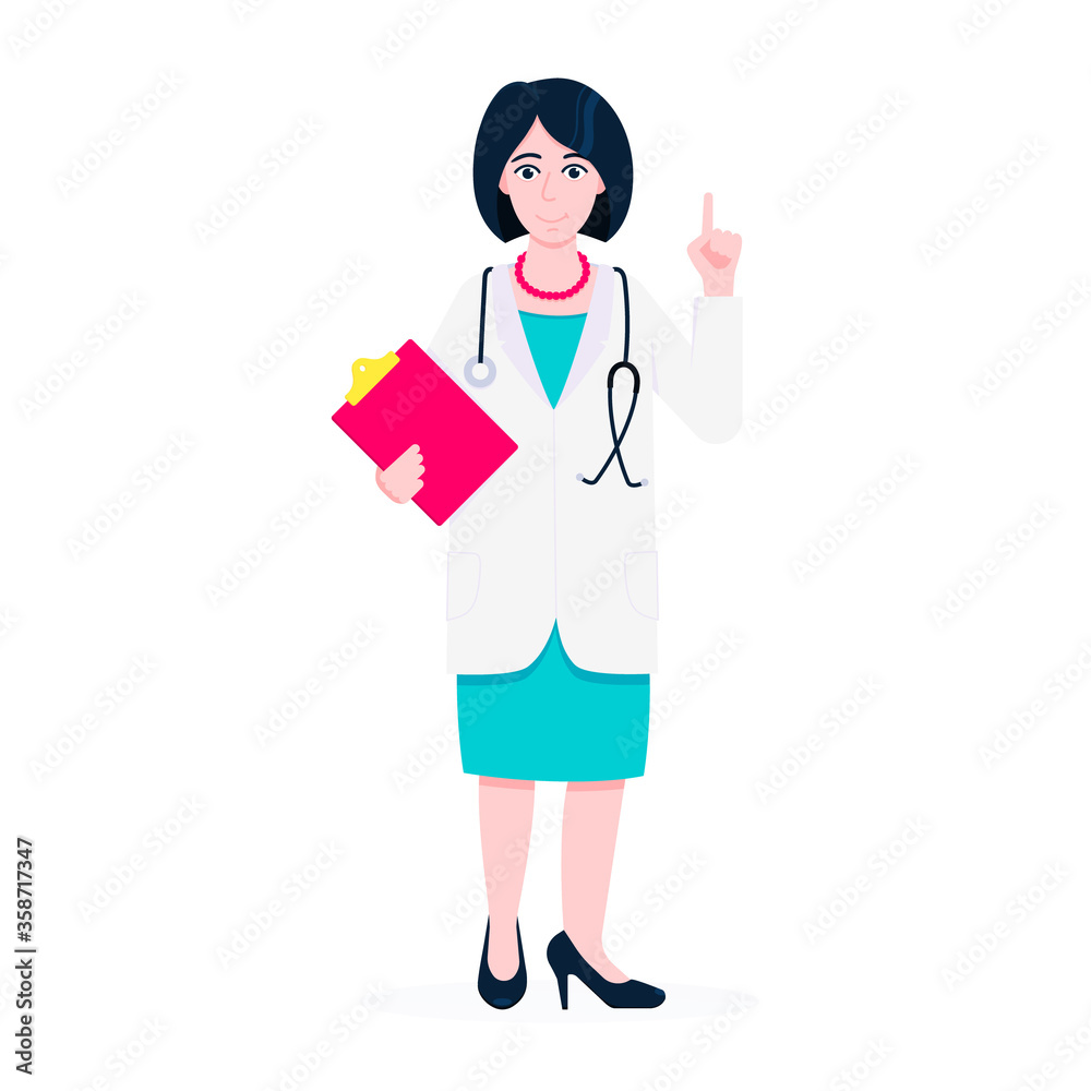 Doctor woman standing and holding clipboard and stethoscope with index finger flat style design vector illustration isolated on white background. Medical center hospital employee. Doctor woman standing and holding clipboard and stethoscope with index finger flat style design vector illustration isolated on white background. Medical center hospital employee.