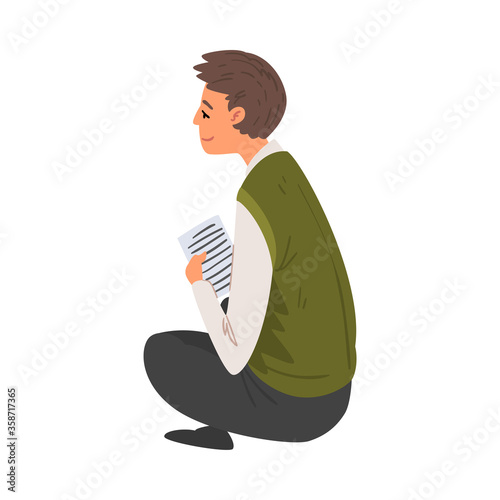Man with Sheet of Paper Sitting on the Floor, Man Chatting via the Internet or Talking Face to Face, E-learning, Online Exam Concept Vector Illustration