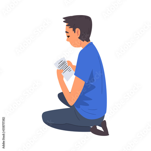 Man with Sheet of Paper Sitting on the Floor, Man Chatting via the Internet or Talking Face to Face Vector Illustration