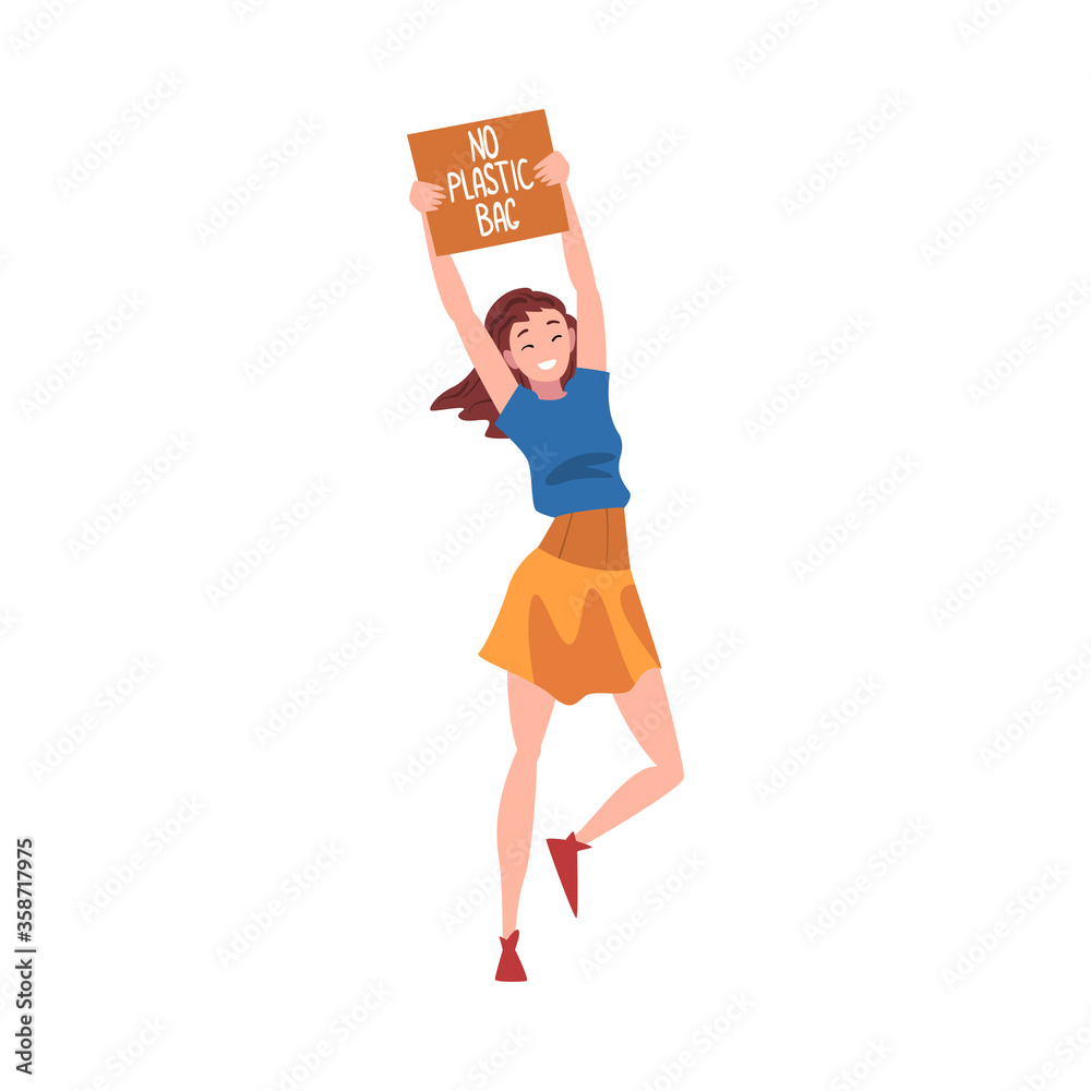 Girl Holding Signboard Over Her Head, No Plastic Bag Inscription, Reducing Plastic Campaign, Protection of Environment Concept Vector Illustration Girl Holding Signboard Over Her Head, No Plastic Bag Inscription, Reducing Plastic Campaign, Protection of Environment Concept Vector Illustration