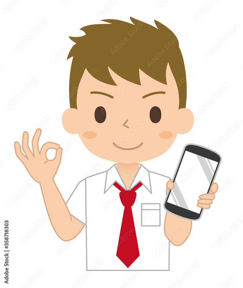 OKサインでスマートフォンを持つ男子学生