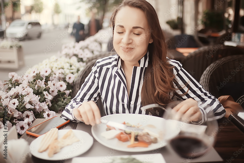 red wine lunch girl cafe lifestyle, summer outdoor restaurant, mediterranean food