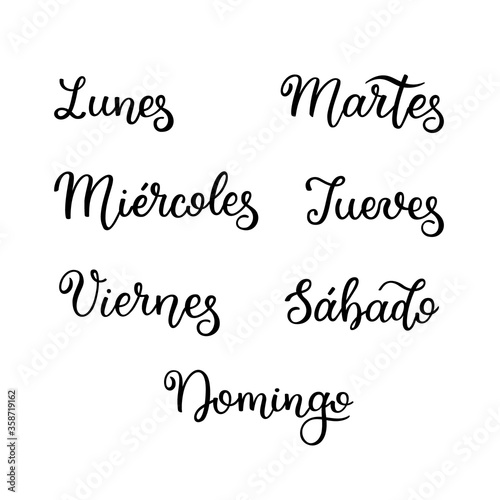 Lettering in spanish, days of the week - Monday, Tuesday, Wednesday, Thursday, Friday, Saturday, Sunday. Handwritten words for calendar, weekly plan, organizer.