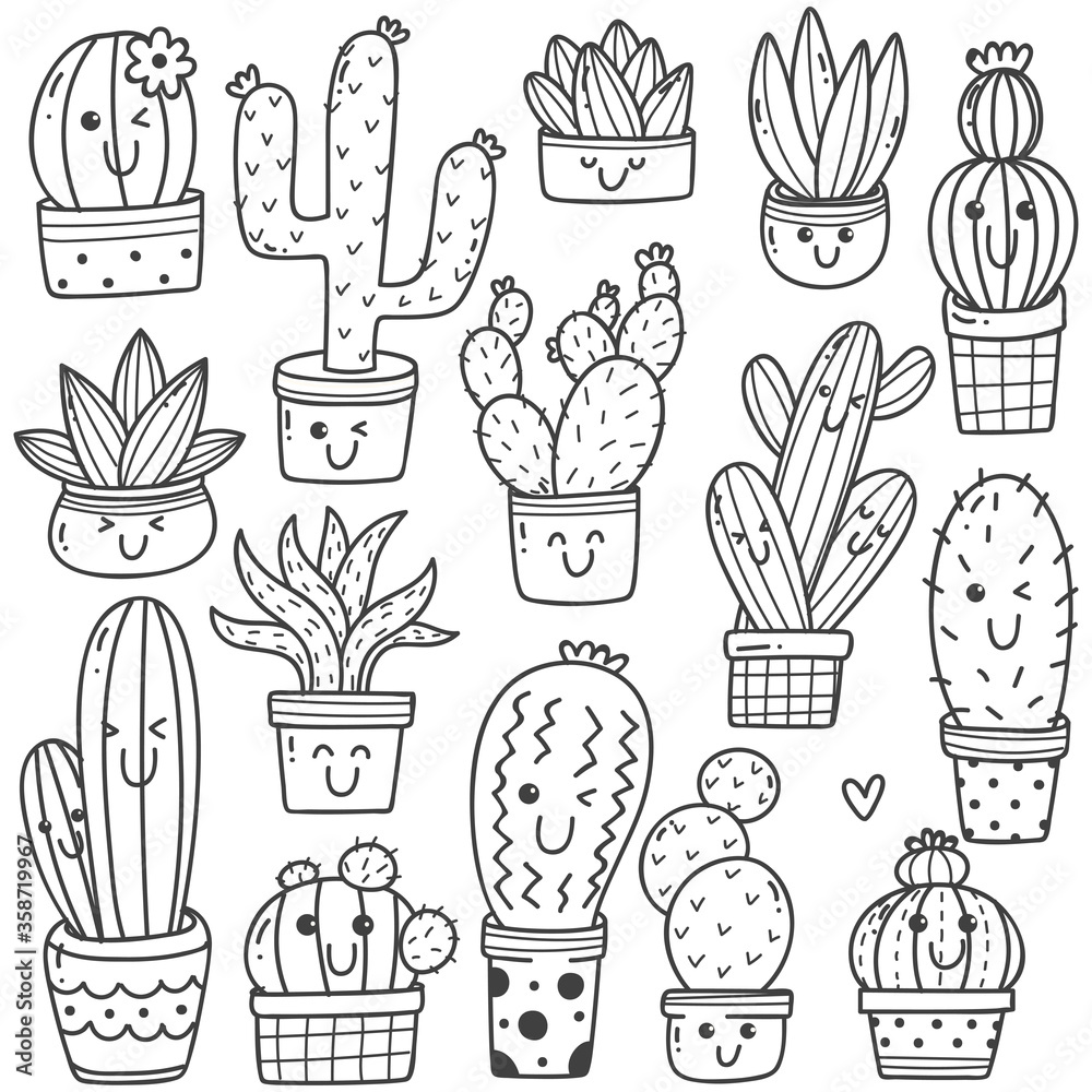 set of cactus plant in kawaii doodle style vector line art stock