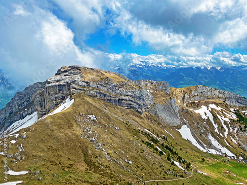 Alpine peaks of Matthorn and Musflue in the Swiss mountain range of Pilatus and in the Emmental Alps, Alpnach - Canton of Obwalden, Switzerland (Kanton Obwalden, Schweiz) photo