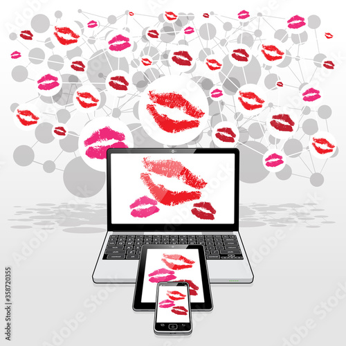 Romantic cyber kisses sent via the internet (WWW) network. 3 Kisses presented on 3 mobile device screens. 