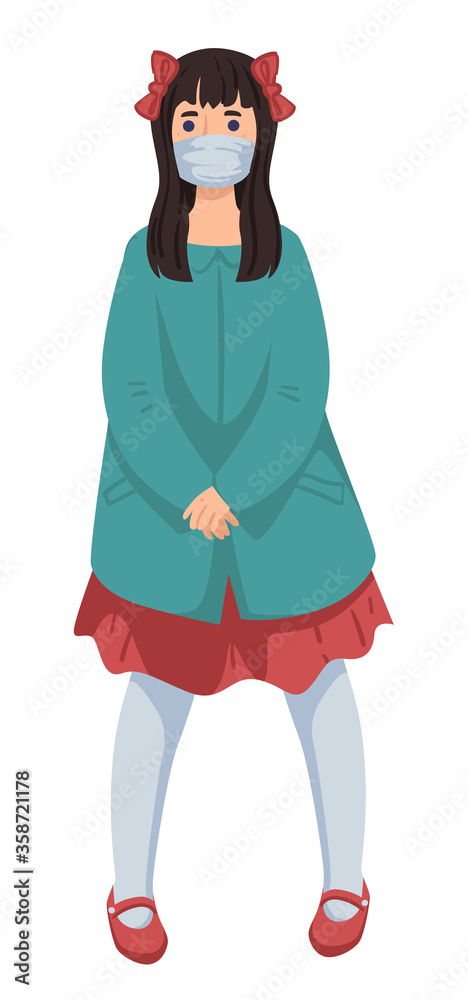 Little girl wearing protective mask, coronavirus outbreak measures Little girl wearing protective mask, coronavirus outbreak measures