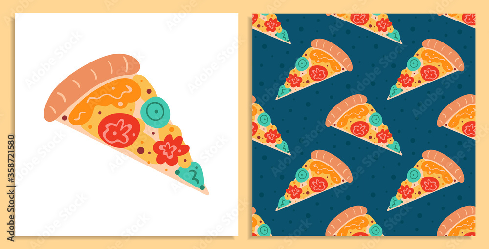 Naklejka premium Tasty pizza. Food element. Delicious dish. Fast food, cafe, restaurant. Product delivery. Italian recipe. Kitchen, home cooking. Flat cartoon, hand drawn, vector seamless pattern. Card making.