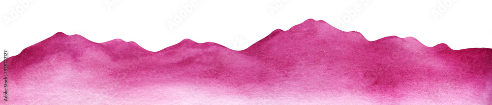 Abstract watercolor background. Textured paper sheet divided horizontally into two wavy parts of white and vivid pink colors. Bright silhouette of mountain chain on white. Hand drawn illustration