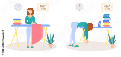 At the beginning and end of Ironing.Girl irons clothes with an iron.The young woman is tired of homework. Isolated on a white background. Vector illustration in flat style.
