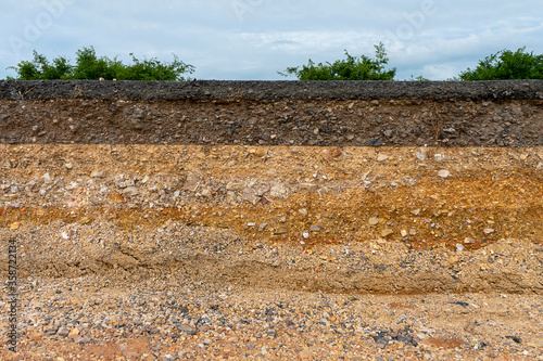 The layer of asphalt road with soil and rock. photo