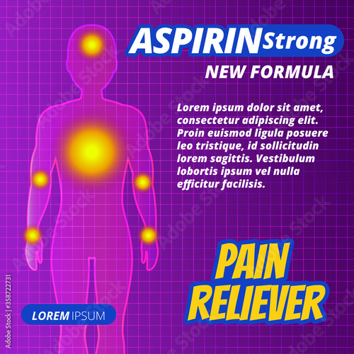 Medicine pill or drug ads, painkillers, aspirin strong tablets label. Human silhouette with pain focus. The cure for chest pain, headache, joint pain, antipyretic, colds and flu Meds for heath. Vector