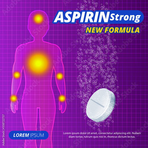 Water-soluble pill or drug ads, painkillers, aspirin strong tablets label. Human silhouette with pain focus. The cure for chest pain, headache, joint pain, antipyretic, colds. Meds for heath. Vector.