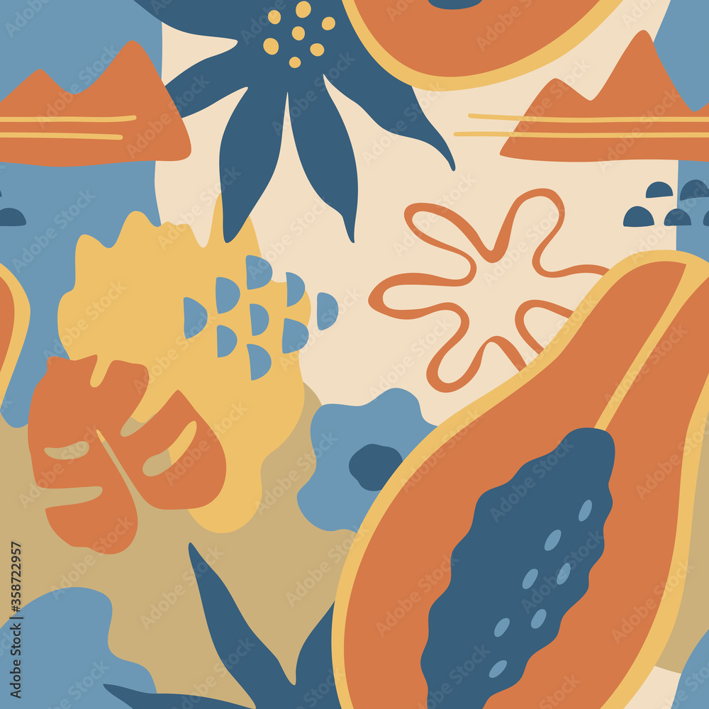 Abstract hand drawn seamless pattern. Fresh papaya fruit, shapes and monstera leaf in doodle style. Modern trendy design elements. Vector illustrations.