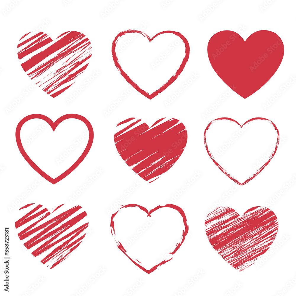 Red Hearts Symbol Set Isolated White Background, Vector Illustration