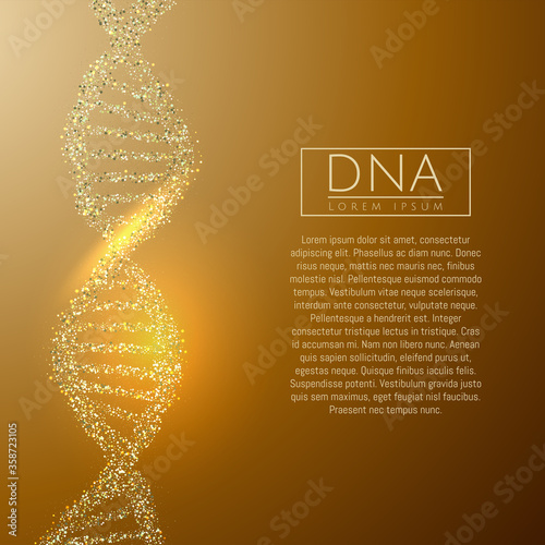 Gold DNA sequence glitter shiny vector illustration. Science molecule structure backgroundbackground. Vector eps10