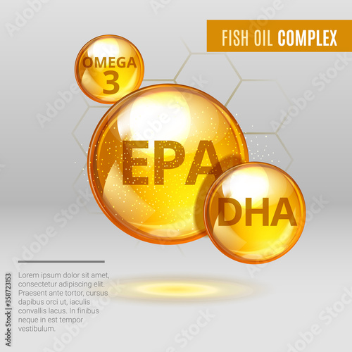 Fish oil ads template, Vitamin Omega-3 Fatty Acids EPA, DHA gold shining pill capsule icon. Chemical formula .Shining golden substance drop, essence droplet. Meds for health ads. Vector.