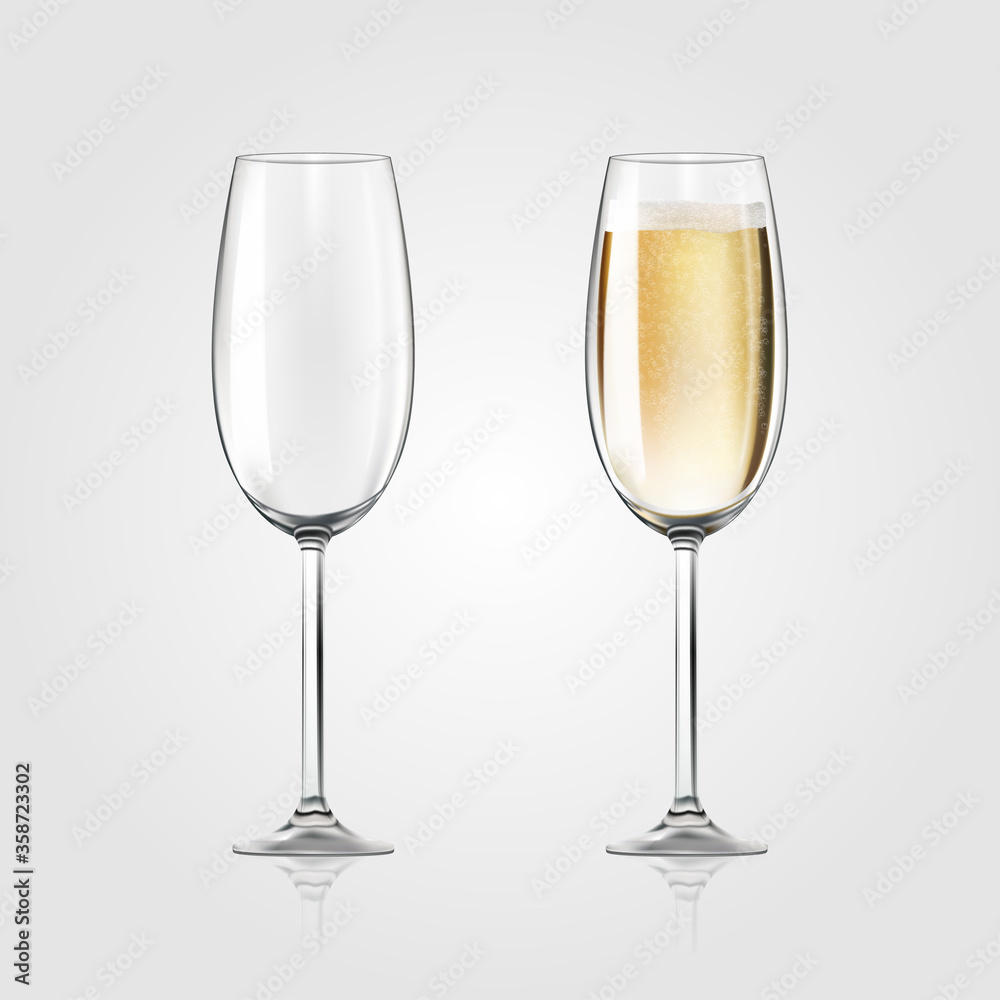 Vector realistic full and empty glasses of champagne, beautiful shining glass isolated on white background with sparkly champagne. EPS 10. Vector realistic full and empty glasses of champagne, beautiful shining glass isolated on white background with sparkly champagne. EPS 10.