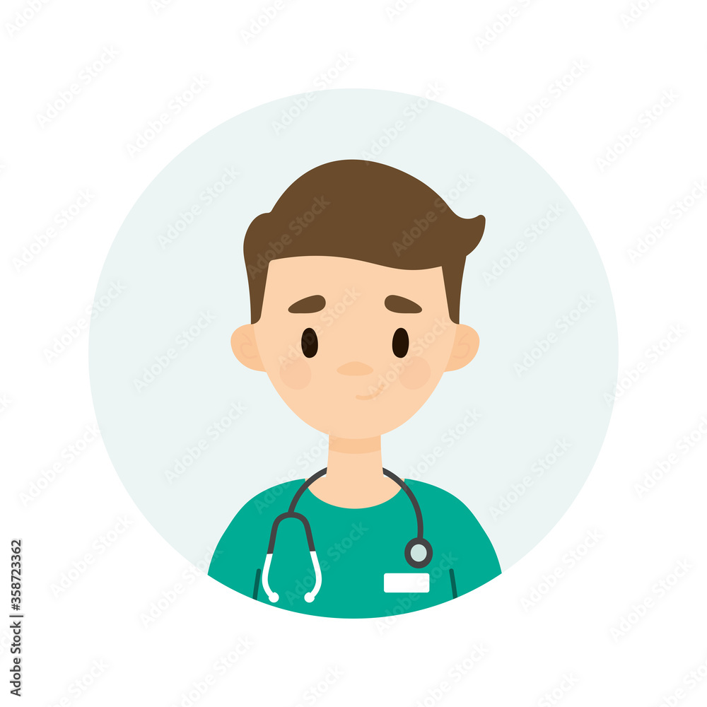 Male doctor character. Avatar of a young male doctor/nurse.  Happy doctor/nurse on a white background. 