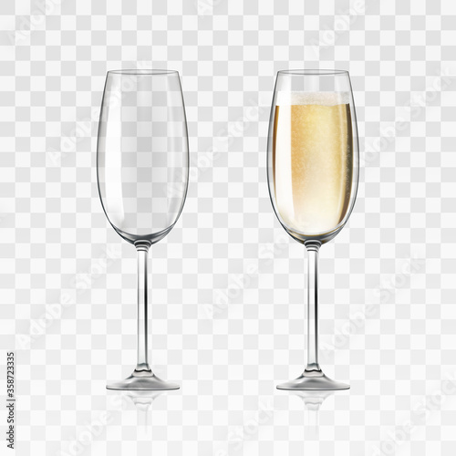 Vector realistic full and empty glasses of champagne, beautiful shining glass isolated on transparent background with sparkly champagne. EPS 10.