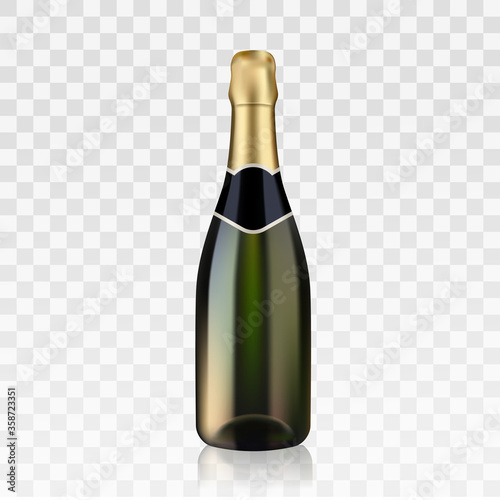 Vector stock realistic bottle of champagne, beautiful shining green blank glass bootle isolated on transparent background with sparkly champagne. EPS 10.