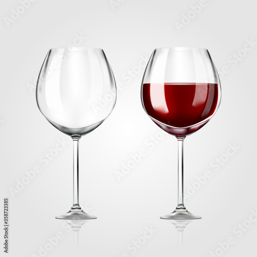 Vector realistic full and empty glasses of red wine beautiful shining glass isolated on white background with red grape drink. EPS 10.