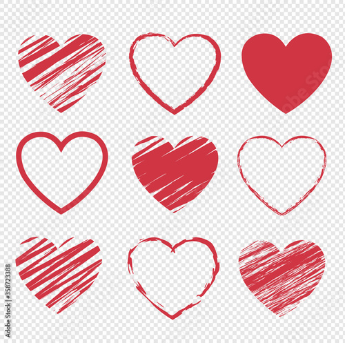 Red Hearts Symbol Set Isolated Transparent Background, Vector Illustration