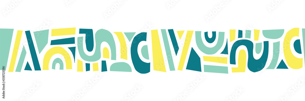 Hand drawn shapes seamless vector border. Cute abstract geometric shapes collage repeating pattern blue, teal, turquoise, yellow. Modern abstract art for kids decor, fabric trim, cards, ribbons Hand drawn shapes seamless vector border. Cute abstract geometric shapes collage repeating pattern blue, teal, turquoise, yellow. Modern abstract art for kids decor, fabric trim, cards, ribbons