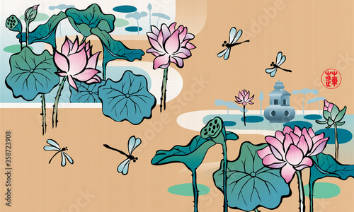 Elegant Chinese ink brush style lotus drawing. Vector. The Chinese word stamp means lotus