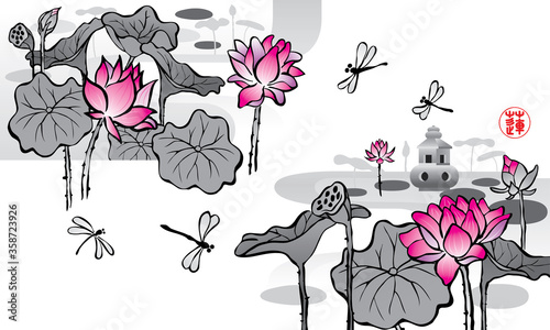Elegant Chinese ink brush style lotus drawing. Vector. The Chinese word stamp means lotus